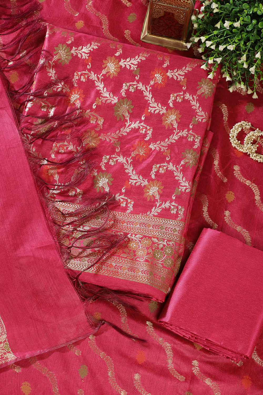 Fuchisa Coral Chanderi Silk Resham And Zari Woven Unstitched Suit Material