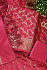 Fuchisa Coral Chanderi Silk Resham And Zari Woven Unstitched Suit Material