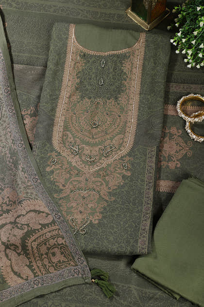 Green Floral Jaal Printed Spun Unstitched Suit Material