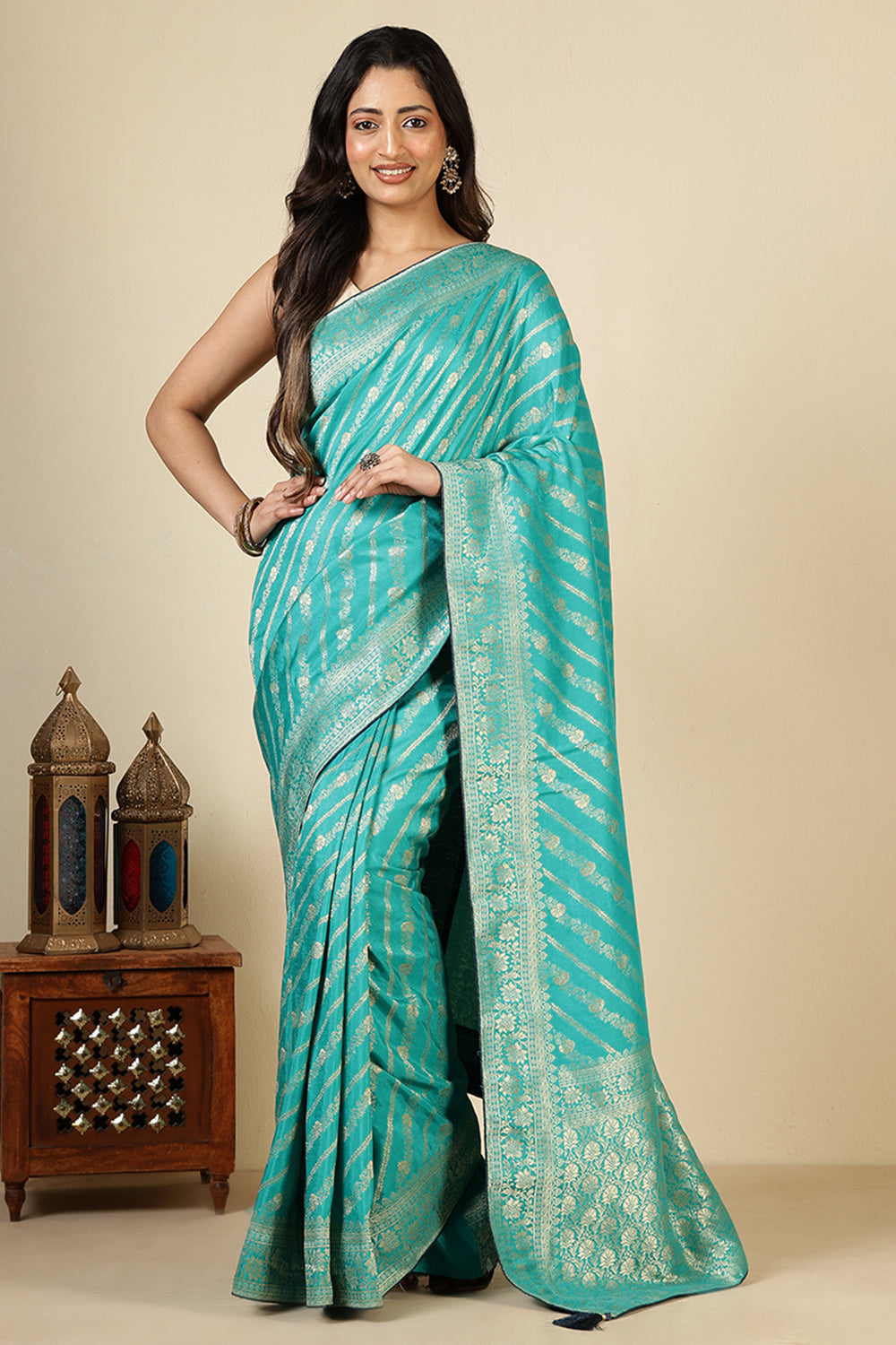 Firozi Color Banarasi Woven Tussar Silk Saree
