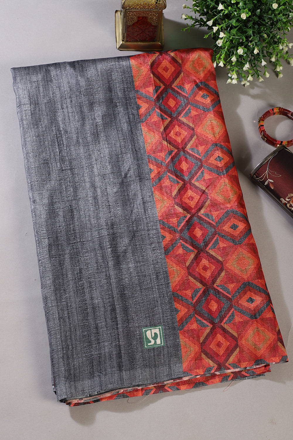 Grey Tussar Silk Printed Saree