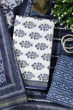 Navy And White Cotton Floral Block Print & Zari Border Unstitched Suit Material