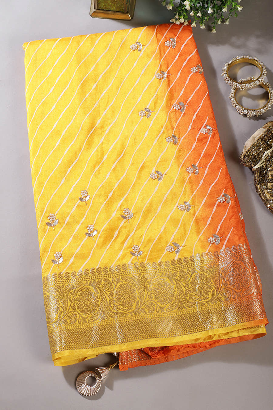 Yellow & Orange Jaipuri Silk Leheriya Printed And Embroidered Saree