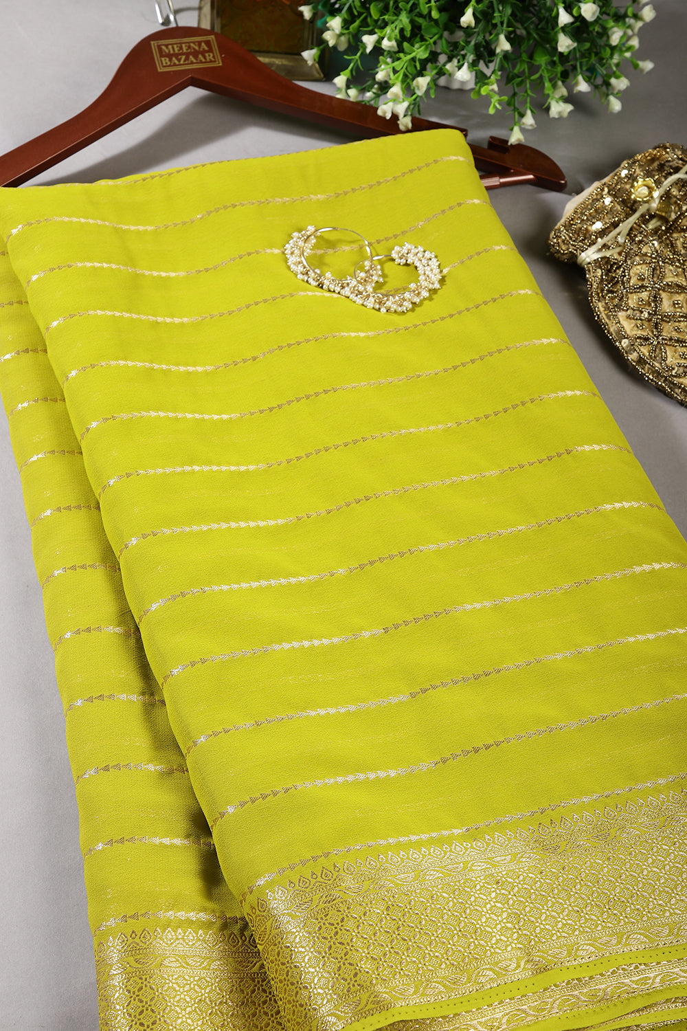 Olive Green Color Georgette Saree with Zari Pinstripes