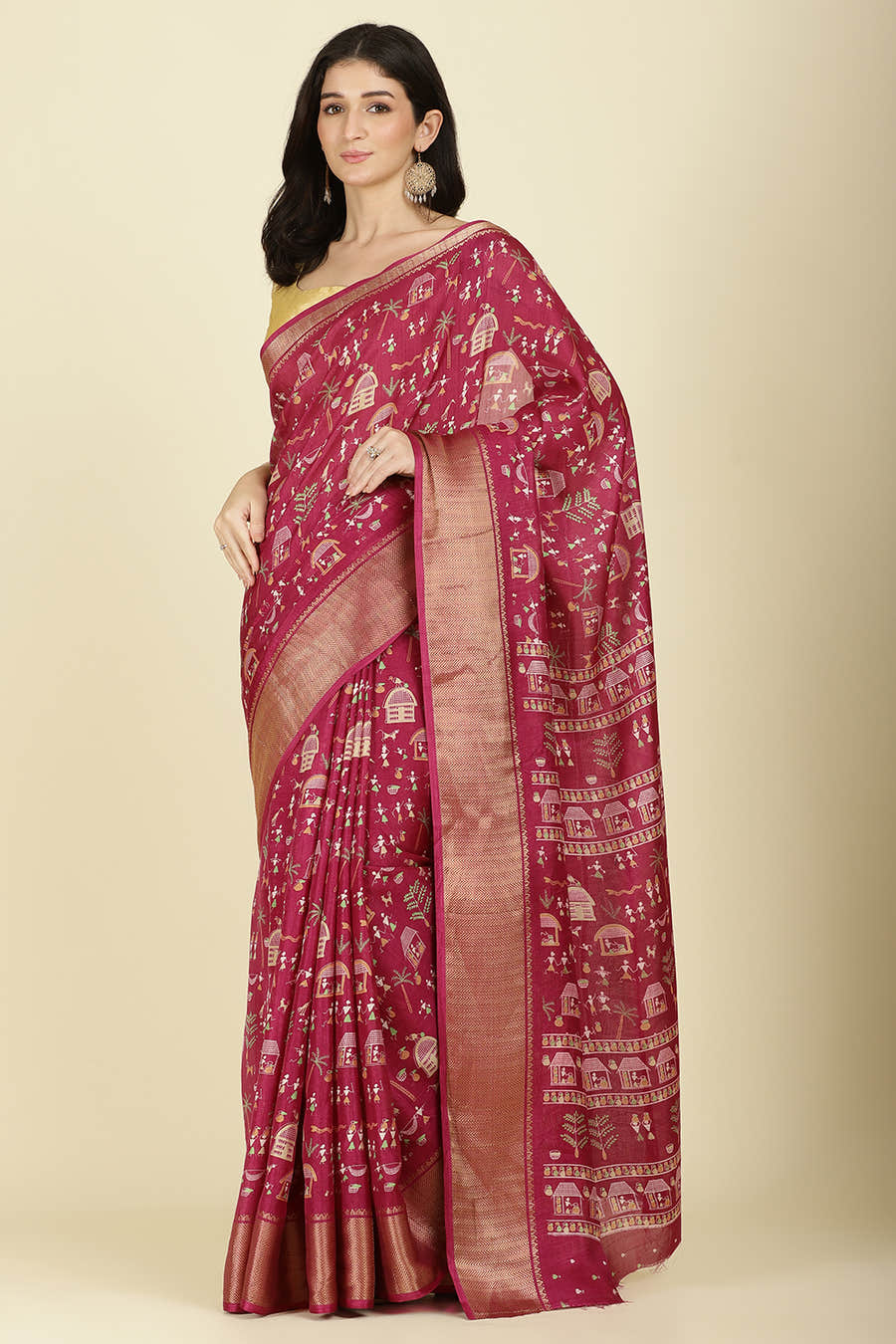 Dark Magenta Cotton Silk Printed Saree