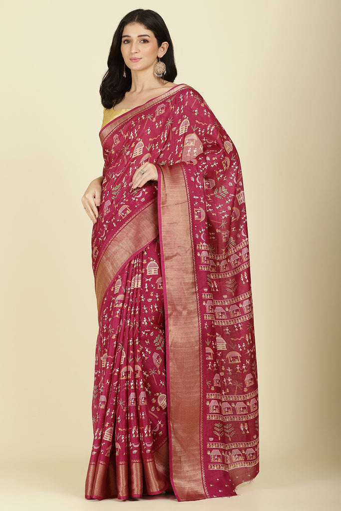 Dark Magenta Cotton Silk Printed Saree