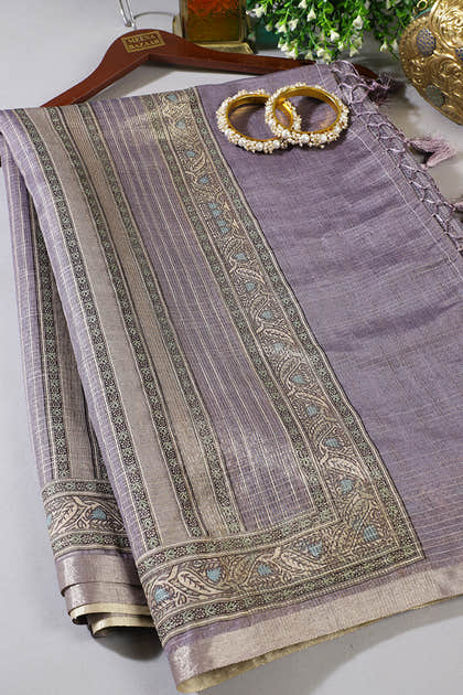 Lavendar Floral Printed Metallic Tissue Saree
