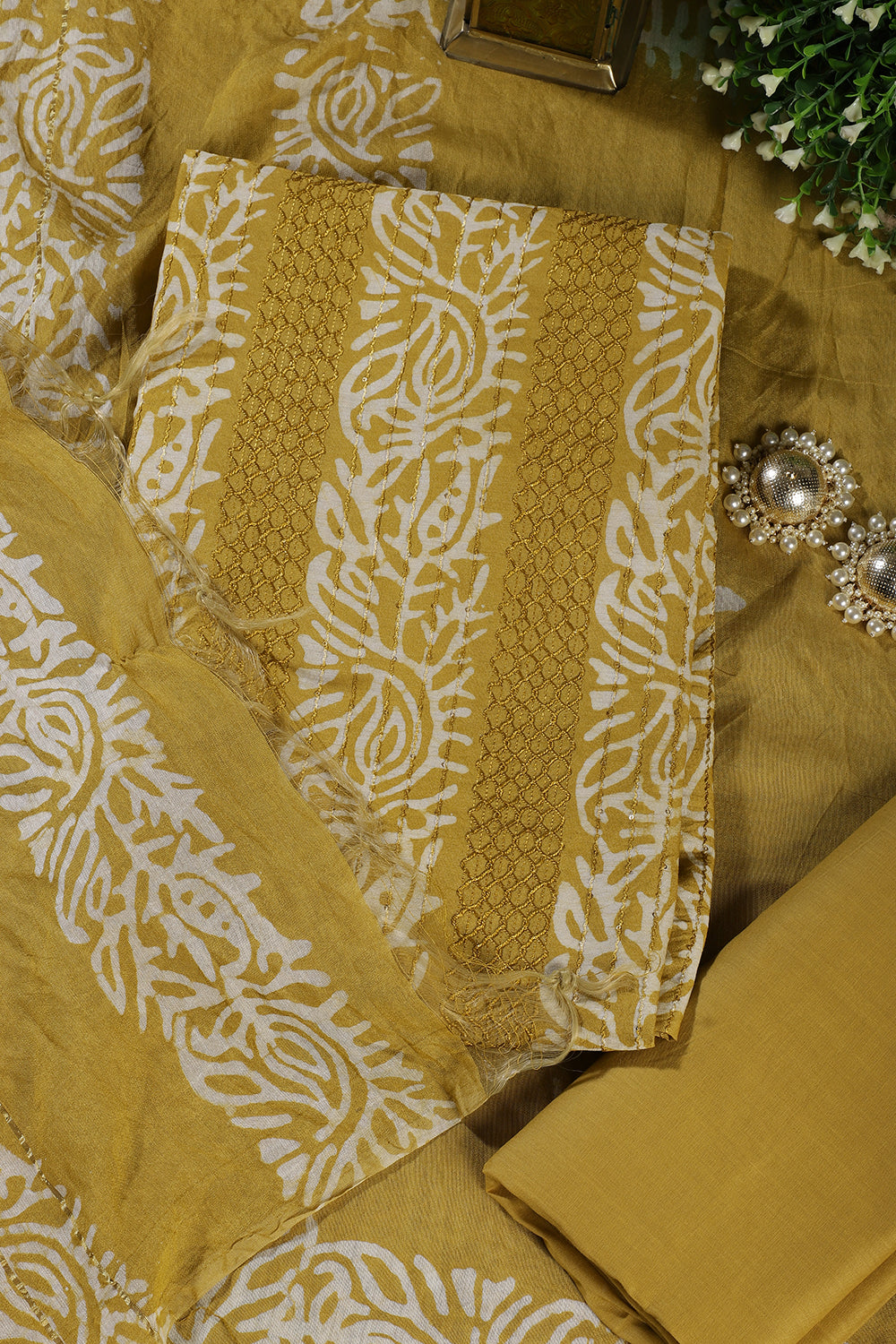 Mustard Cotton Printed And Resham Embroidered Unstitched Suit Material