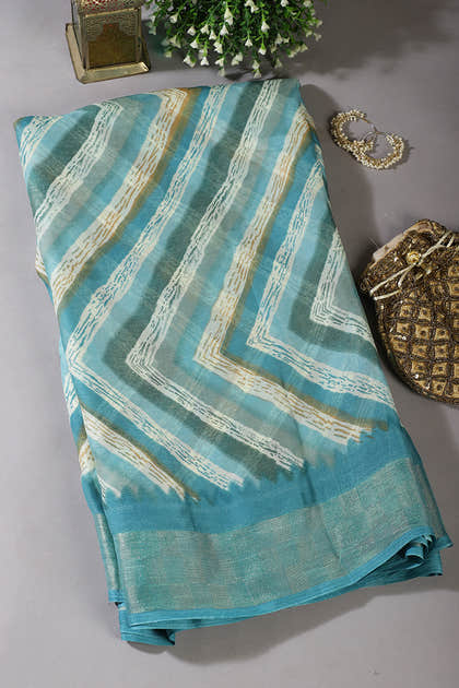 Teal Blue Chiffon Lehariya Printed Saree
