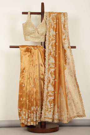 Mustard Gold Color Pure Tissue Handloom Saree with Sequence & Zardozi Handwork