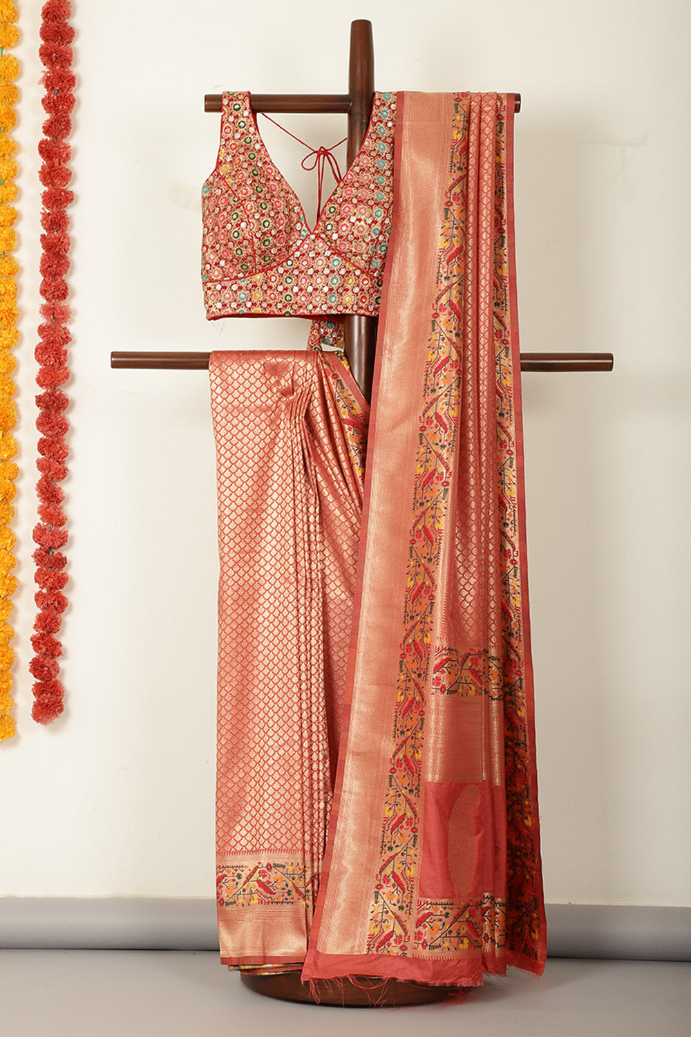 Coral Pink Soft Silk Zari and Resham woven Saree