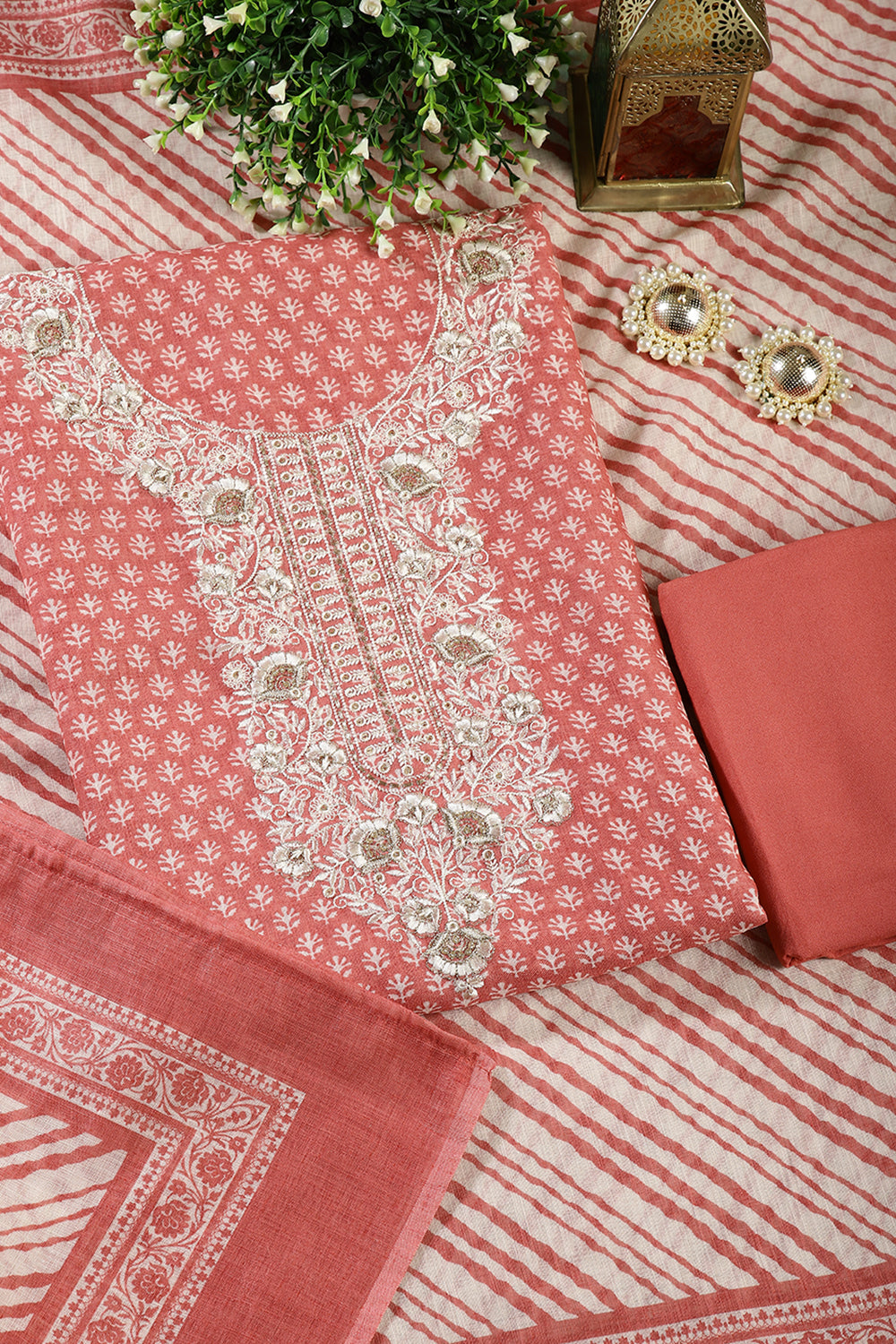 Peach Color Chanderi Cotton Printed and Neck Embroidered Unstitched Suit Fabric