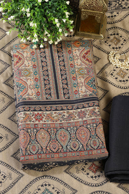 Black Pashmina Digital Printed Unstitched Suit Fabric