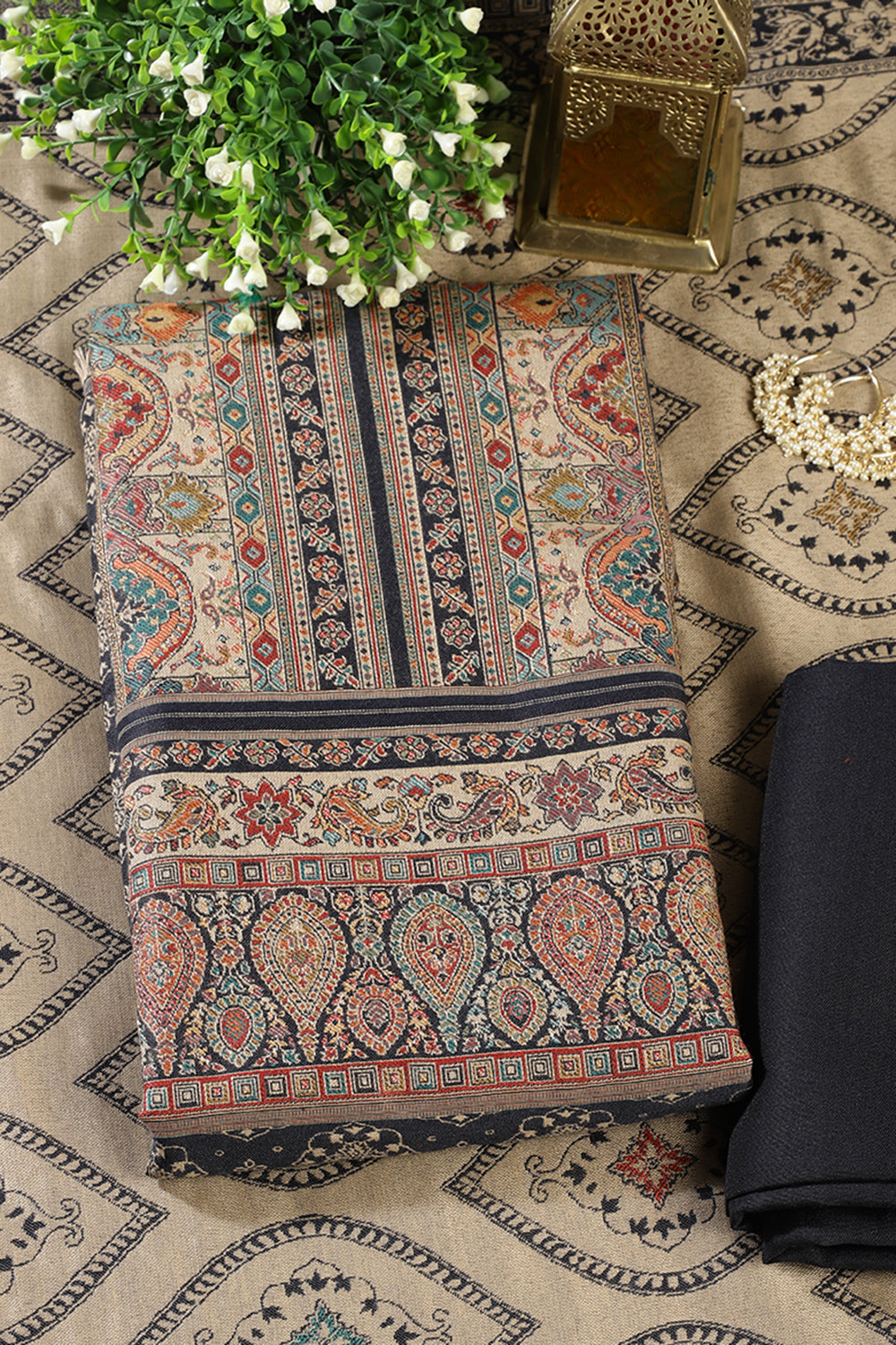 Navy Pashmina Digital Printed Unstitched Suit Fabric