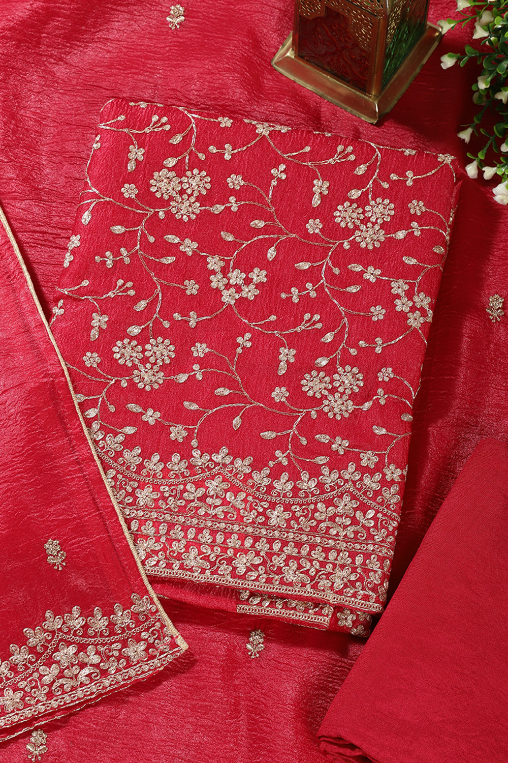 Cherry Red  Tissue Silk Zari Embroidered Unstitched Suit Material