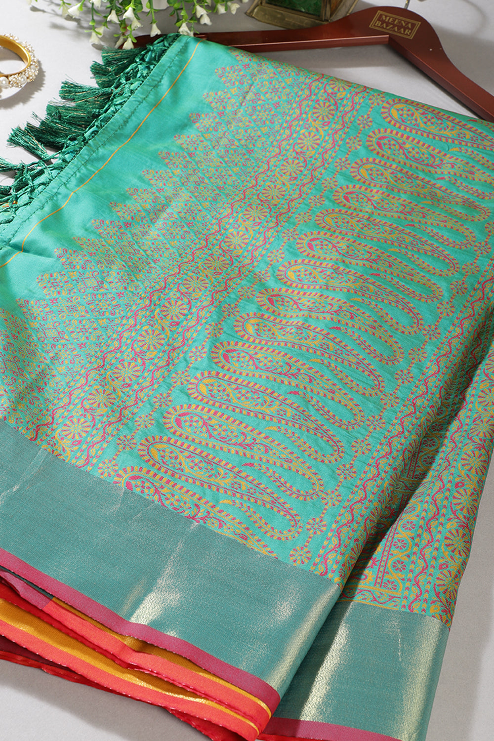 Lemon Yellow & Teal Green Silk Resham And Zari Woven Saree
