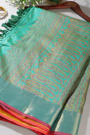 Lemon Yellow & Teal Green Silk Resham And Zari Woven Saree