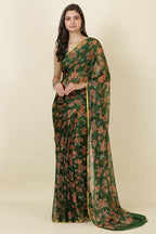 Green Zari Border & Floral Printed Chiffon Saree
