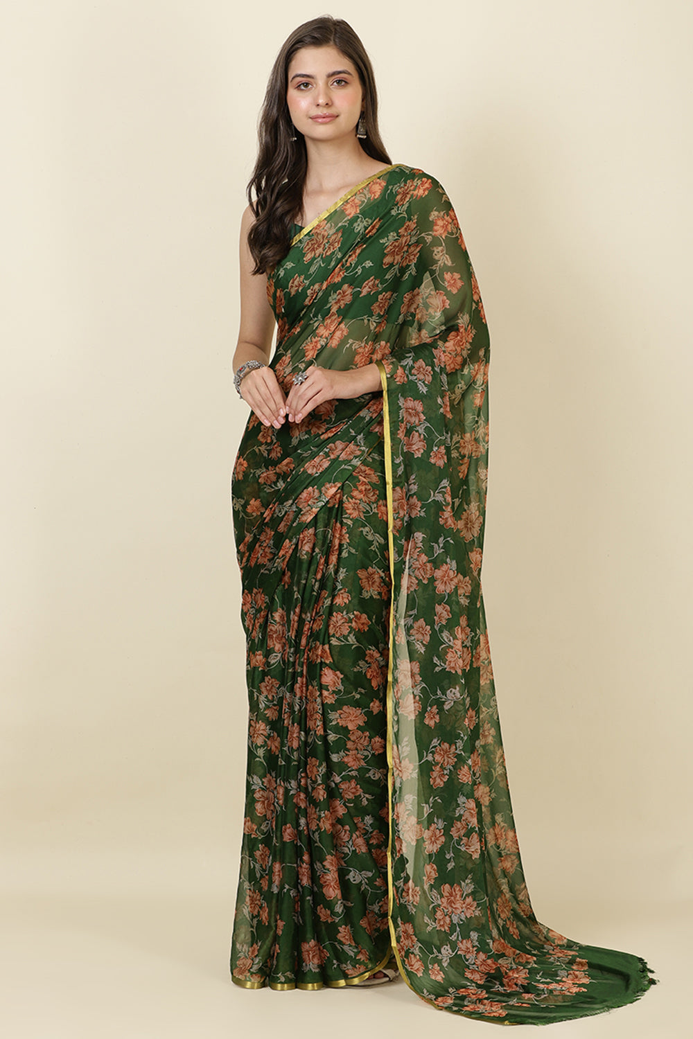 Green Zari Border & Floral Printed Chiffon Saree
