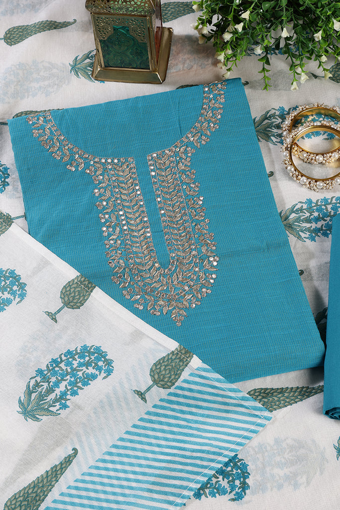 Blue Cotton Gota Patti and Zari Work Unstitched Suit Material