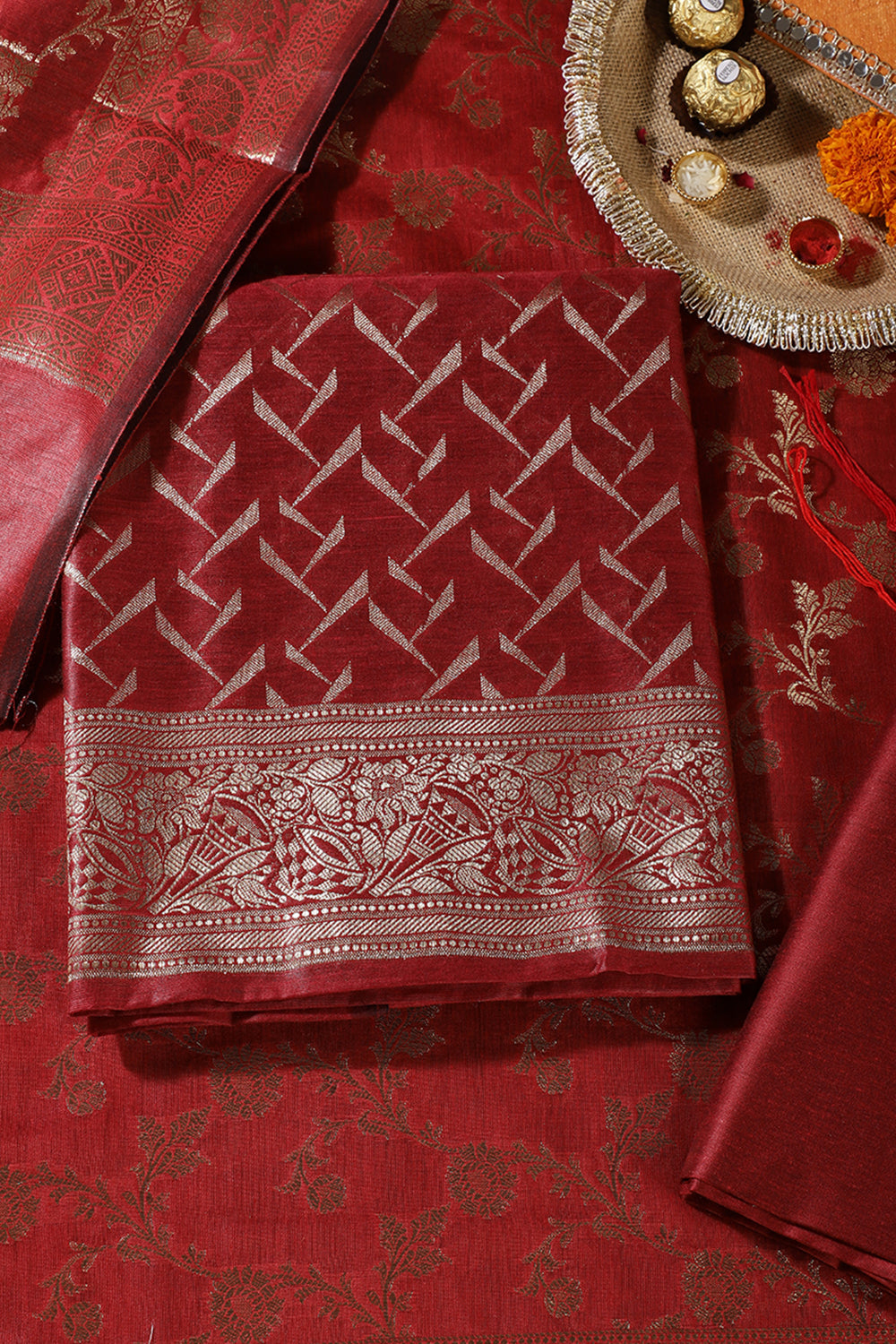Maroon Colour Zari Woven Silk Unstitched Suit Material