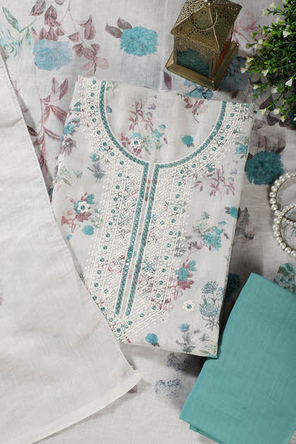 Cream & Terquoise Chanderi Cotton Floral Printed And Embroidered Unstitched Suit