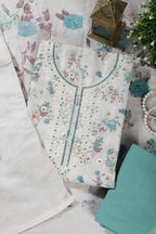 Cream & Terquoise Chanderi Cotton Floral Printed And Embroidered Unstitched Suit