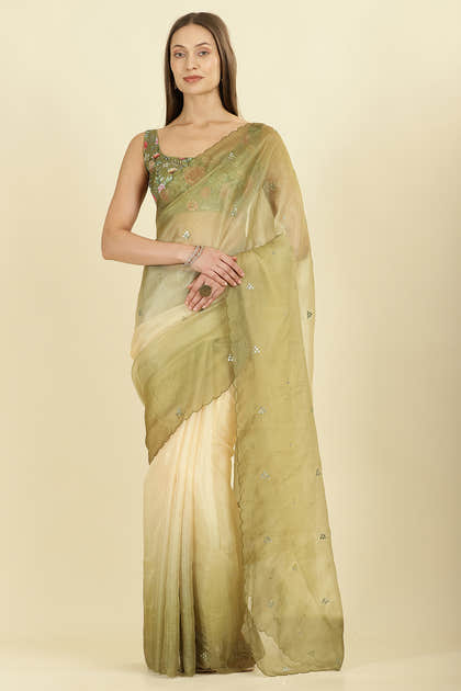 Ombre Olive Green Organza Saree With Mirror Work
