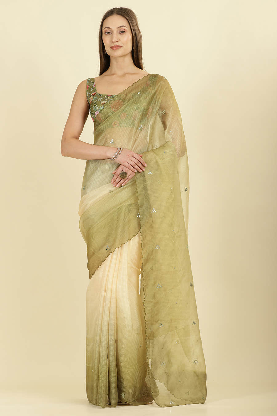 Ombre Olive Green Organza Saree With Mirror Work