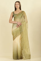 Ombre Olive Green Organza Saree With Mirror Work
