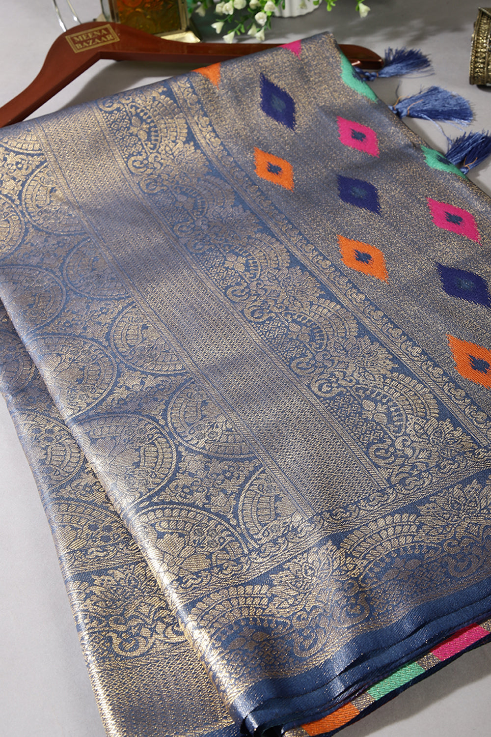 Greyish Blue Color Silk Resham and Zari Woven Saree