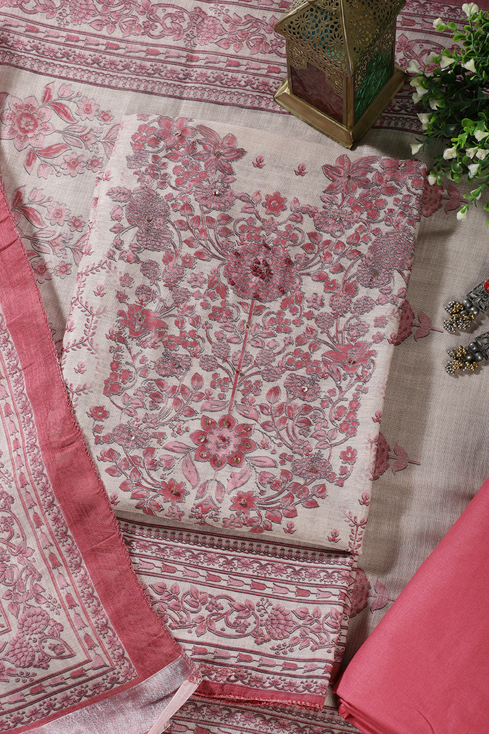 Beige & Pink Floral Printed Unstitched Suit Fabric
