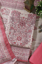 Beige & Pink Floral Printed Unstitched Suit Fabric