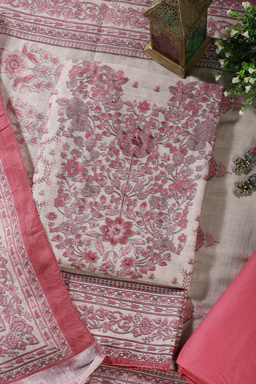 Beige & Pink Floral Printed Unstitched Suit Fabric