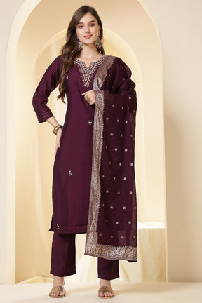 Dark Scarlet Silk Embroidered Suit Set