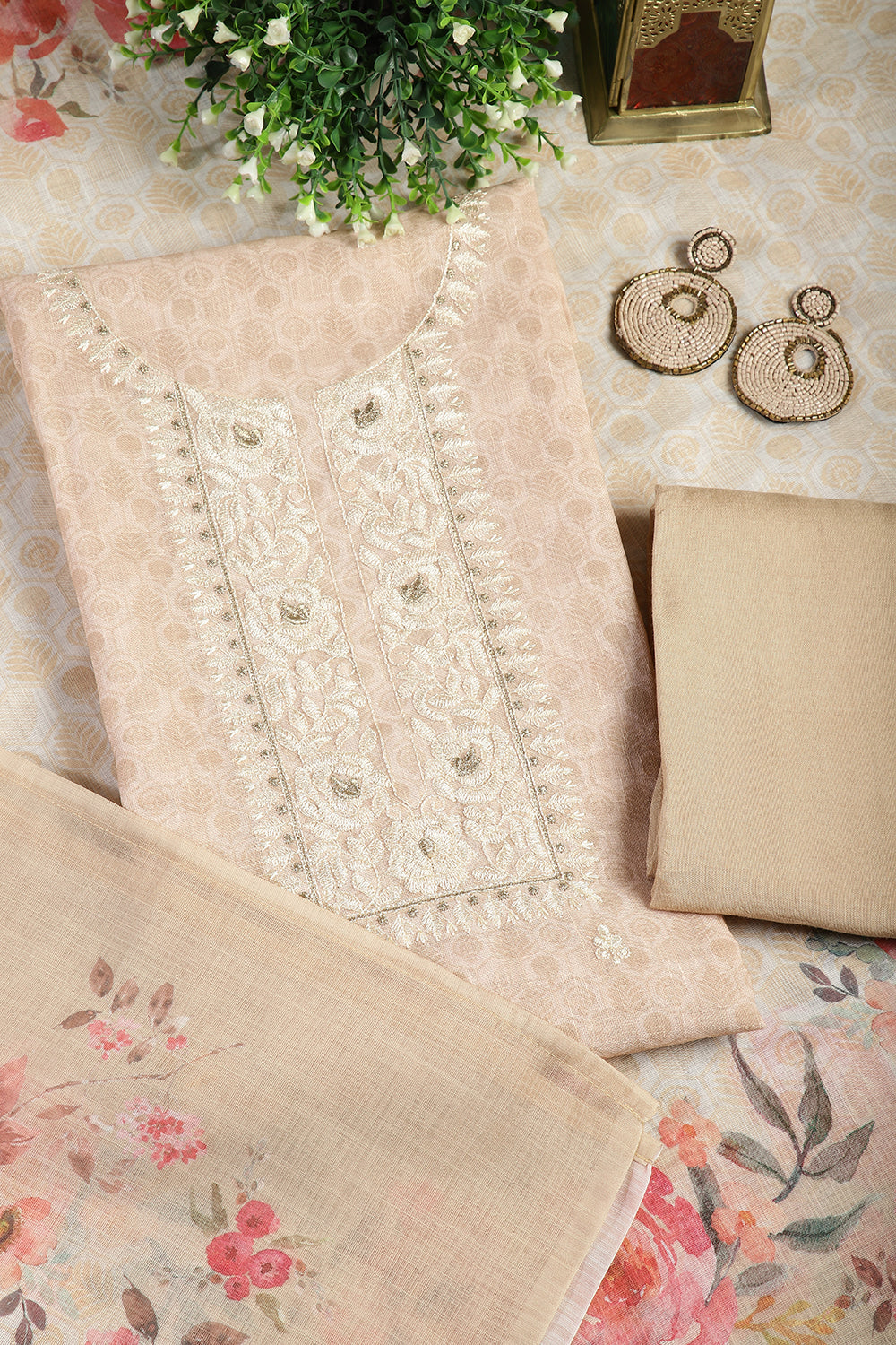 Tussar Color Linen Embroidery Self Print Unstitched Suit Material