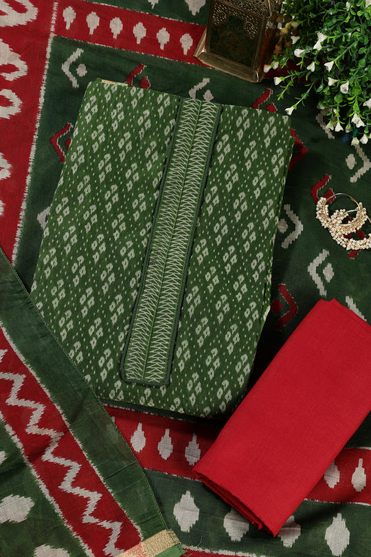 Green Ikkat Cotton Printed Unstitched Suit Material