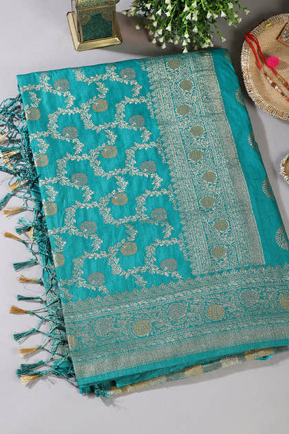 Teal Silk Floral Zaal Woven Banarasi Saree