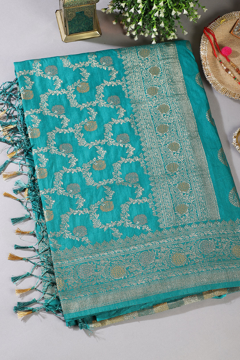Teal Silk Floral Zaal Woven Banarasi Saree