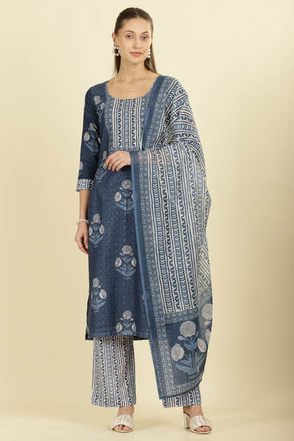 Blue Cotton Hacoba Style Printed Unstitched Suit Material