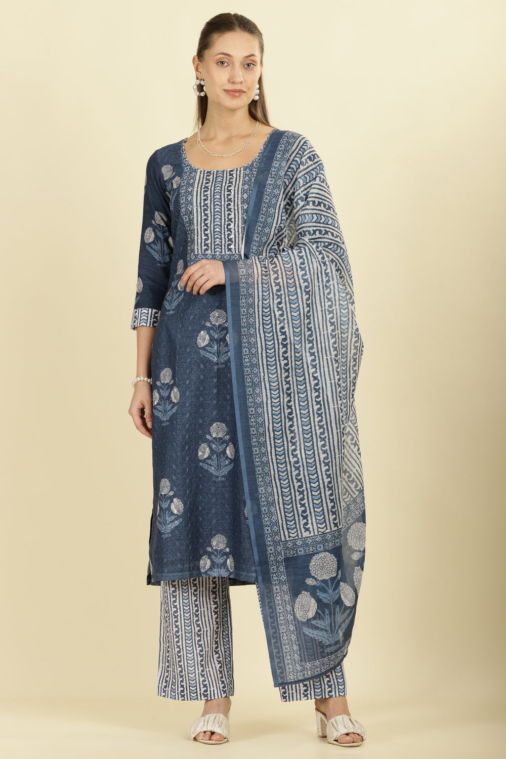 Blue Cotton Hacoba Style Printed Unstitched Suit Material