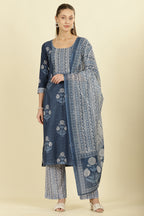 Blue Cotton Hacoba Style Printed Unstitched Suit Material