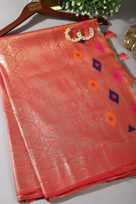 Dark Coral Color Silk Resham and Zari Woven Saree