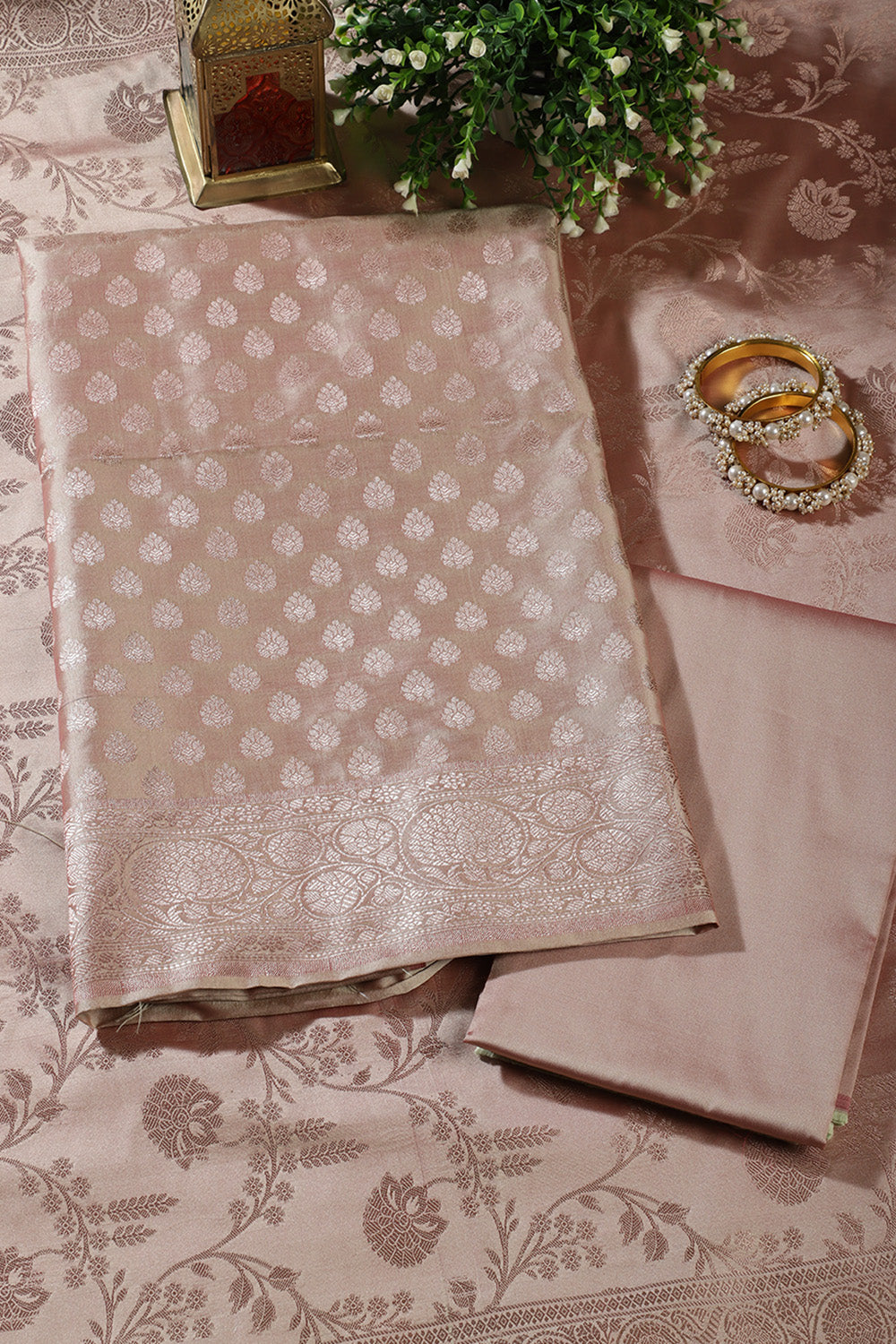 Beige Silk Buta Motifs Woven Unstitched Suit Fabric