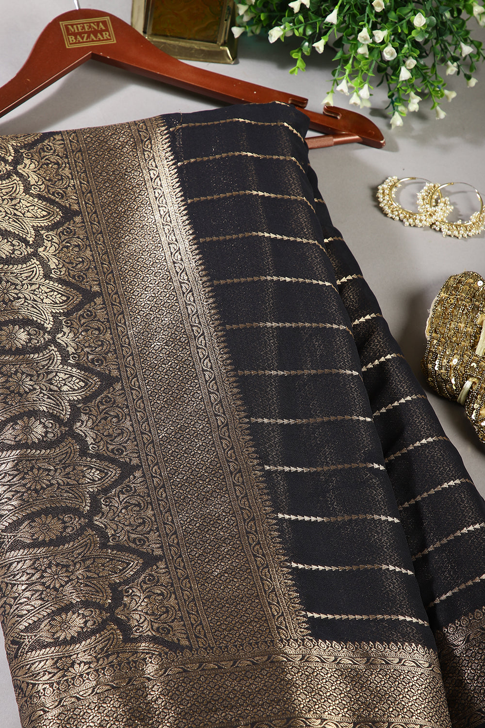 Black Color Georgette Saree with Zari Pinstripes