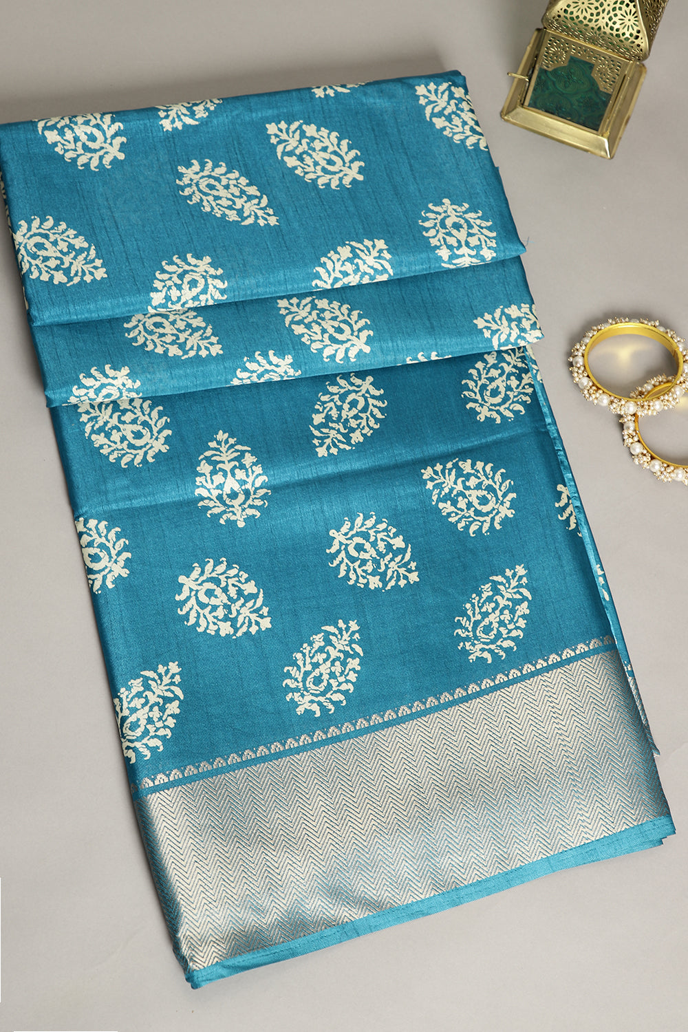 Dark Teal Color Block Printed Cotton Silk Saree