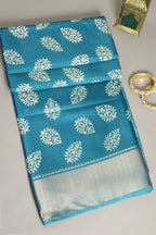Dark Teal Color Block Printed Cotton Silk Saree