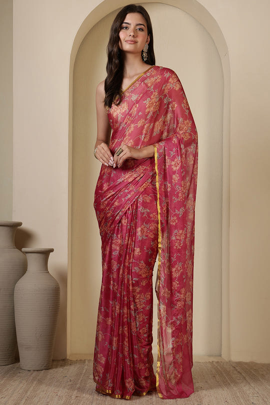 Taffy Pink Chiffon Floral Zari Border & Floral Printed Saree
