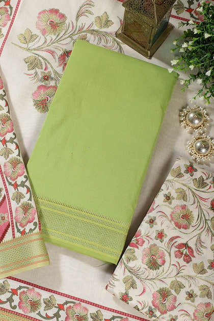 Green Cotton Unstitched Suit Material With Floral Printed Dupatta & Salwar Set