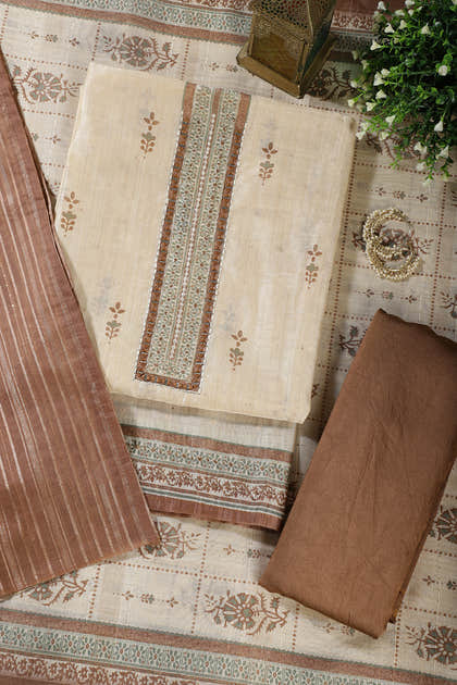 Beige & Brown Chanderi Cotton Floral Printed And Neck Embroidered Unstitched Suit Material Unstitched Suit Fabric